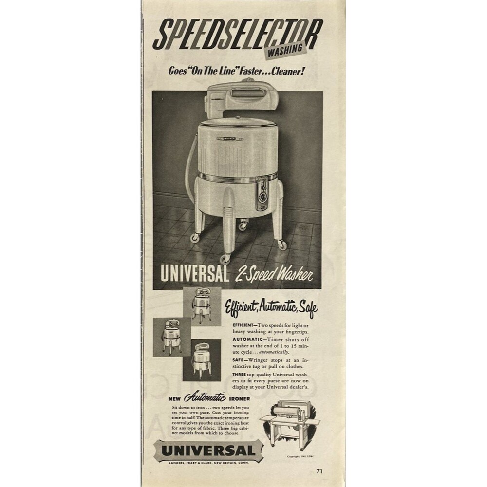 Universal 2-Speed Clothes Washer "Efficient Automatic Safe" Vintage Print Ad '51